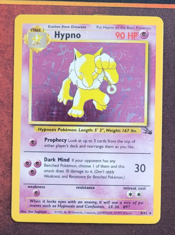 1999 Pokemon Fossil Hypno-Holo 1st Edition 8/62 - Moderately Played