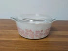 Vintage Pyrex White w/Pink Gooseberry 1 1/2 Pint Casserole Dish #472 & Lid #470C