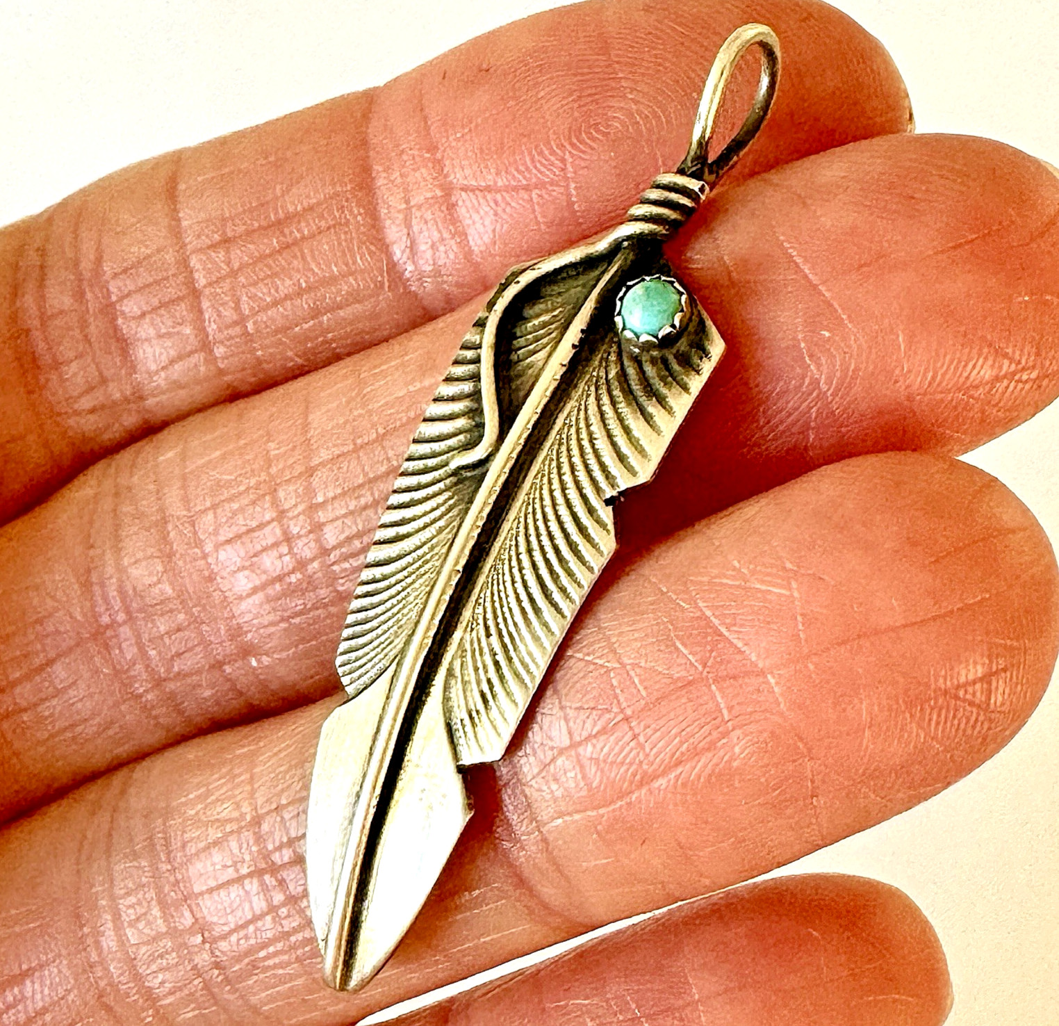 Navajo Turquoise Feather Pendant Sterling 925 Signed Signed CC 2" Native Amer