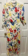 RIXO Multicolor Floral Midi Dress High Neck Smocked Ruffle Button, S