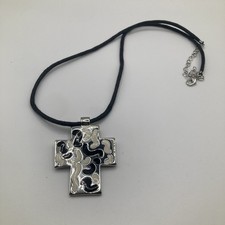 Nice Black Stringed Silvertone Black White Christian Cross Pendant Necklace 