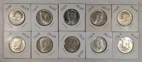 LOT OF 10 UNC 1964 KENNEDY HALF DOLLAR COINS $5 FACE VALUE UNCIRCULATED #78