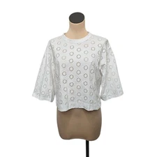 Madewell Shirt Womens Small White Eyelet Embroidered Boxy Cropped 3/4 Sleeve