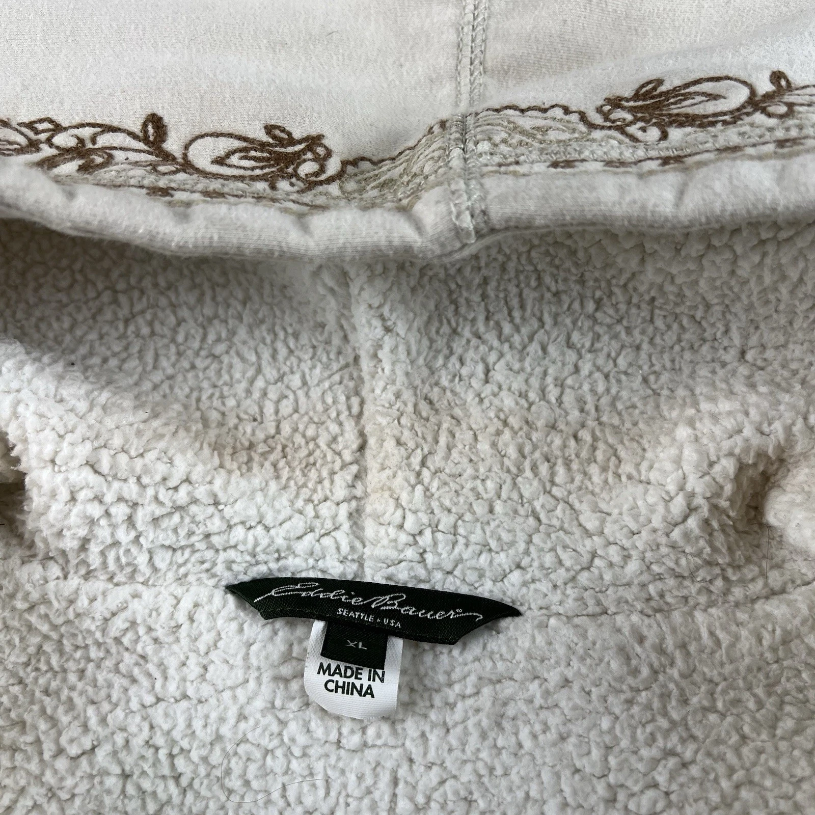 OFF WHITE Felpa foderata in pile Eddie Bauer con cappuccio panna beige ricamata accogliente taglia XL