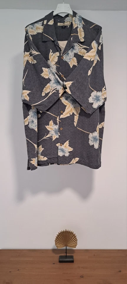 Tommy Bahama Shirt Men L 100% Silk / Soie Gray Floral Hibiscus Textured Camp - Photo 1/4