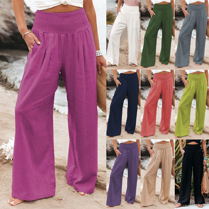 Womens High Waist Cotton Linen Trousers Ladies Casual Baggy Wide Leg Long  Pant