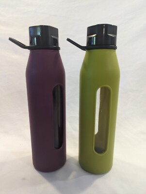 TWO Takeya Glass Water Bottle W/ Silicone Sleeve Twist Cap 24 Oz Magenta  Green