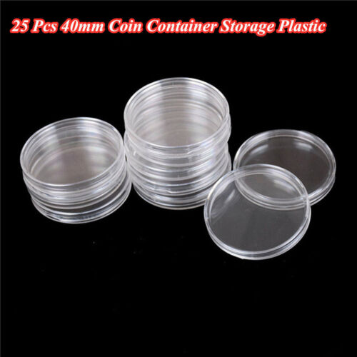 25 Pcs Round 40mm Transparent Plastic Coin Container Coin Change Storage Box New - 第 1/9 張圖片