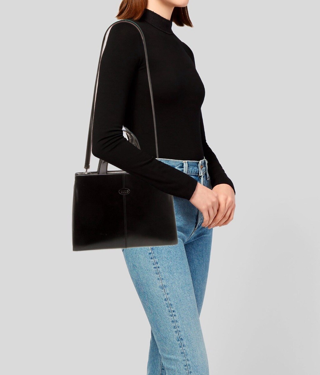 Tods Italian Black Box Leather Top Handle Bag With Shoulder Strap