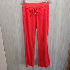 LOVE TREE Linen Blend Pants Womens Sz S Bright Coral Button Drawstring Wide Leg