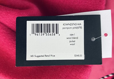 ⭐️  New KATE SPADE Womens L Hot Pink Wool Blend Coat Snap Closure