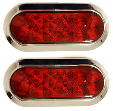 Two - 6 Oval Red Flange Surface Mount Stop Turn Tail 10led Trailer Chrome Bezel