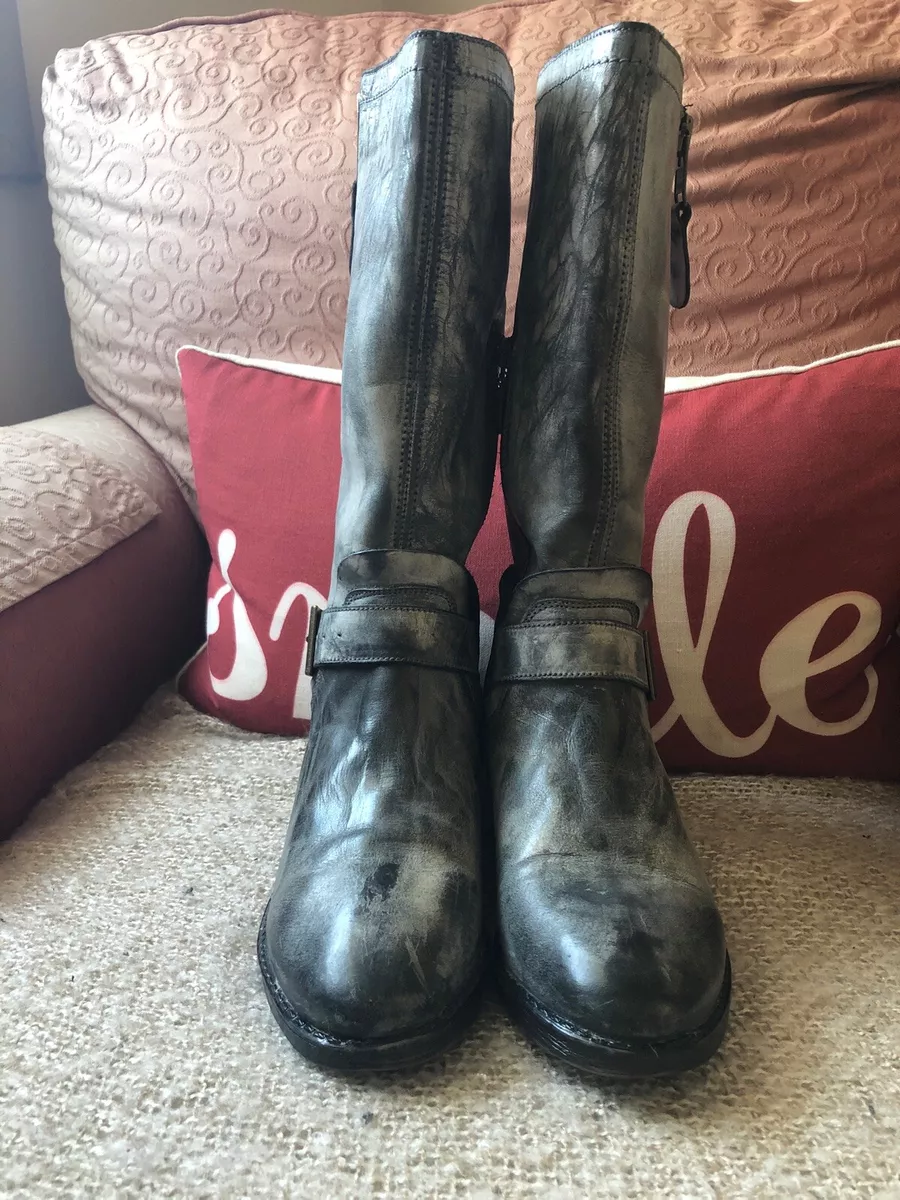 NWB ROAN DISTRESSED LOOK GREY/BLACK LEATHER MOTO BOOTS, 7