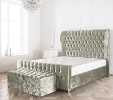 Image of ICE SILVER CRUSHED VELVET WESTMINSTER WINGED BED + MATTRESS + BUTTON CHOICE