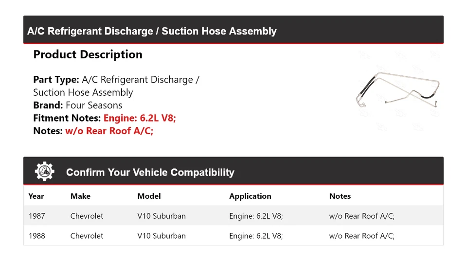 Conjunto de manguera de línea de succión de descarga para Chevrolet V10 Suburban 1987-88 4 mares Foto 2 de 4