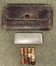 Late 1800’s Med Surgical Instruments Wallet. Syringe Case And 4 Medicine Vials