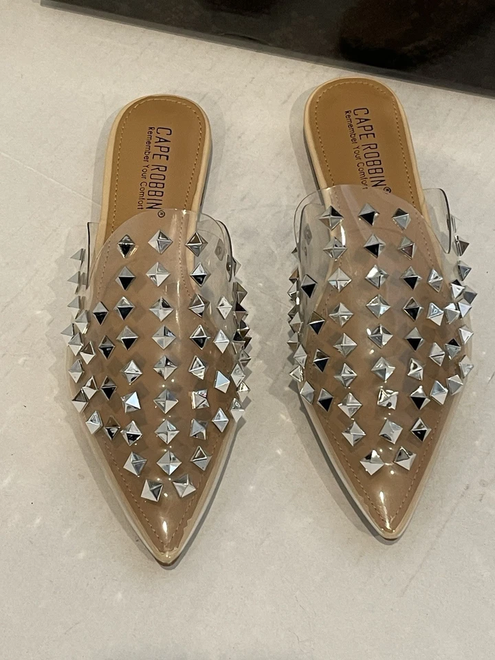 Cape Robbin Sz 6 Enny Mules Slip On Flat Slides Clear Pointed toe Embellished - Image 2 of 4
