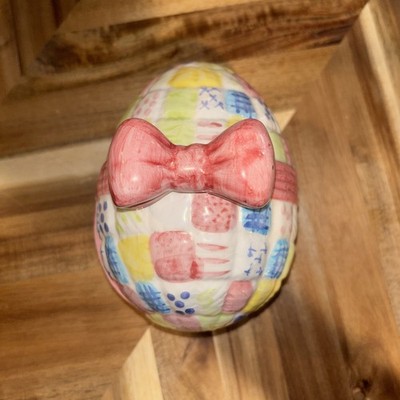 Vintage Large Porcelain Patchwork Egg Trinket Box w/Pink Ribbon - Lillian Vernon