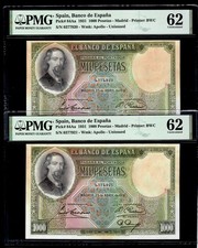 Spain  2 X  1000 Pesetas 1931  P-84Aa **Unissued ** Conecutive Numbers ** UNC