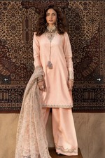 Peach Embroidered Raw Silk Salwar Kameez Suit net Dupatta for Women