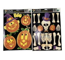 Vtg Halloween GLOW Static Cling Window Decorations Set of 2 Skeleton Pumpkin NEW