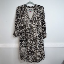 Vince Camuto Leopard Print 3/4 Sleeve Drawstring Tie Waist Shirt Dress Size 12