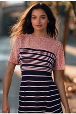 Ann Taylor Stripe Dress Fit Flare Crew Short Sleeve Zip Navy Size Small 6 EUC