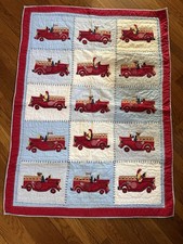Vintage Pottery Barn Kids Red Fire Truck Engine Quilt Crib Toddler 36  X 50  EUC