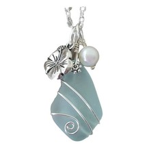 Hawaii Sea Glass Necklace, Seafoam Wire Wrap, Hibiscus Charm, Pearl, Gift Wra...