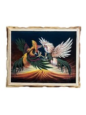 Vintage Velvet Painting of Gamefowl Rooster Signed Avqa