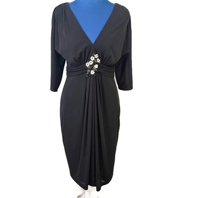 David Meister Ruched Black Crepe Embellished Dress V Neck 3/4 Sleeve Size 6
