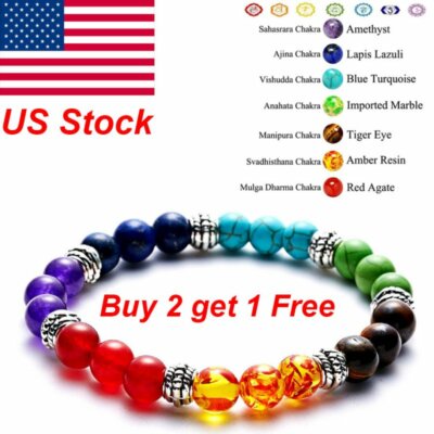 Natural Stone Beads 7 Chakra Bracelets Reiki Healing Yoga Valentine's Gift