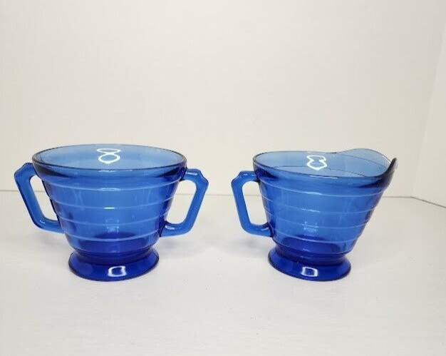 Vintage Hazel Atlas Depression Glass Cobalt Blue Creamer and Open sugar Bowl