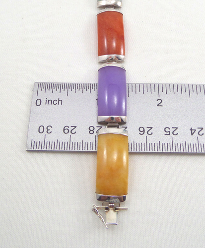 VTG Sterling & Multi Color Jade Curved Link Bracelet 12mm Wide 7 -1/4" Long - Picture 6 of 14