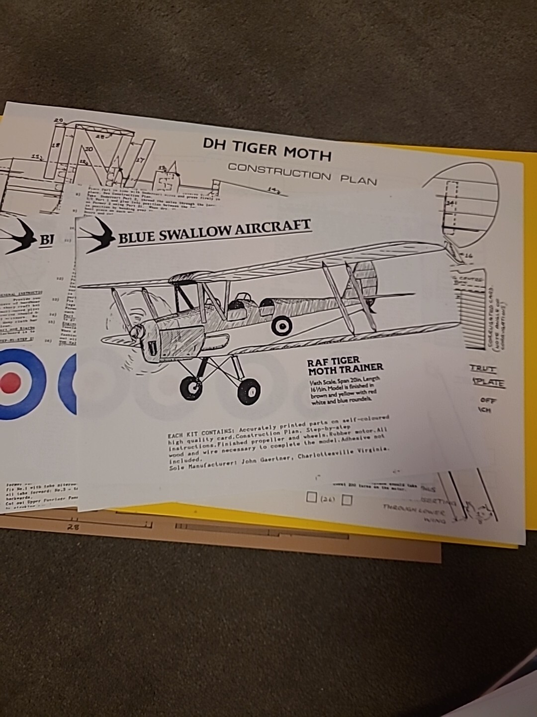 RAF Tiger Moth Model Airplane 1/18th Complete Vintage Model Rubber