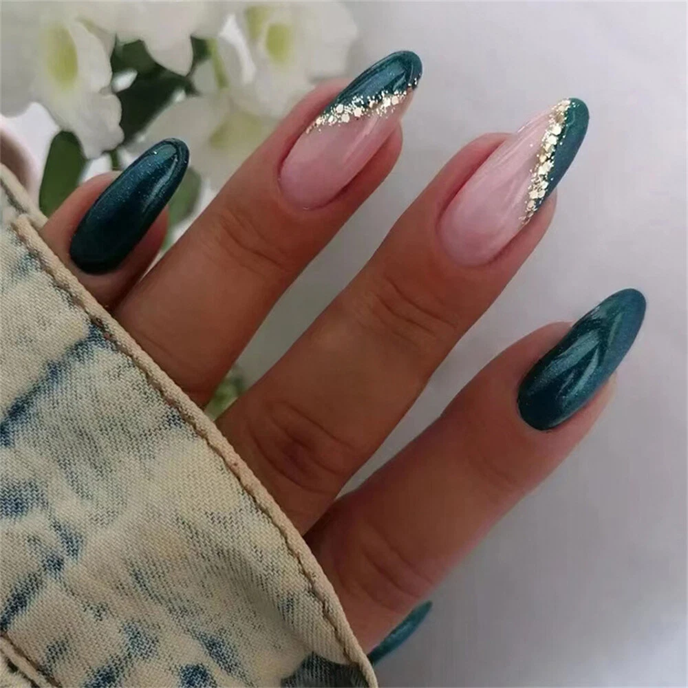 Marble Stiletto Fake Nails Silver Glitter Decorative Deep Blue Nail Art  Tips Press On Manicure With Adhesive Tab 24 - False Nails - AliExpress