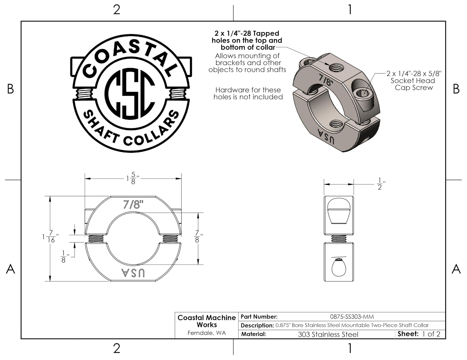 – 0.875" Bore Diameter – Mountable Clamping Two Piece Shaft Collar - 303 Stai...