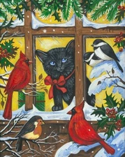 8x10 PRINT OF PAINTING RYTA CHRISTMAS BLACK CAT CARDINAL NORTH BIRDS Folk Art 🎄