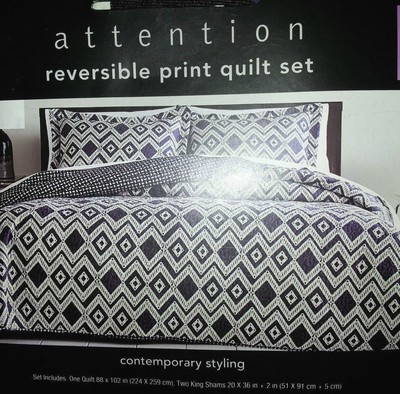 Full Queen 3pc  Quilt Set Attention Reversible Print Navy Diamond - Blue White 