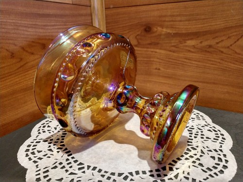 INDIANA GLASS KING'S CROWN THUMB PRINT PEDESTAL STYLE CARNIVAL GLASS CANDY DISH - Picture 7 of 12