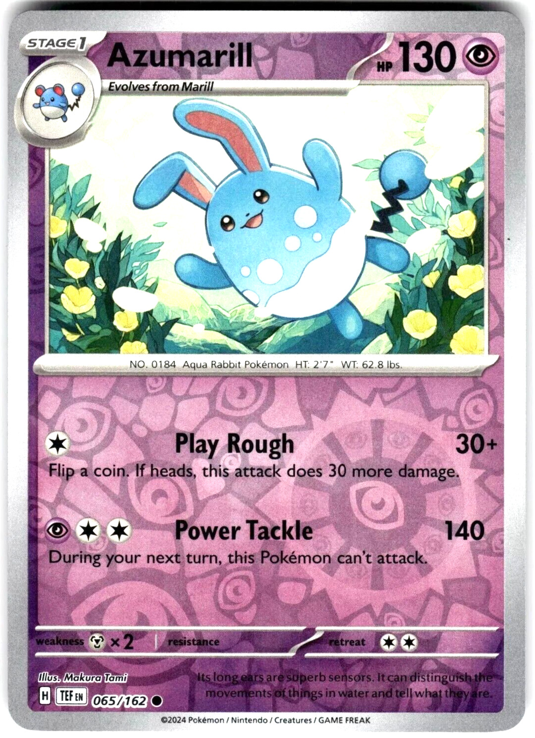 Azumarill Reverse Holo Pokemon TCG Card 065/162