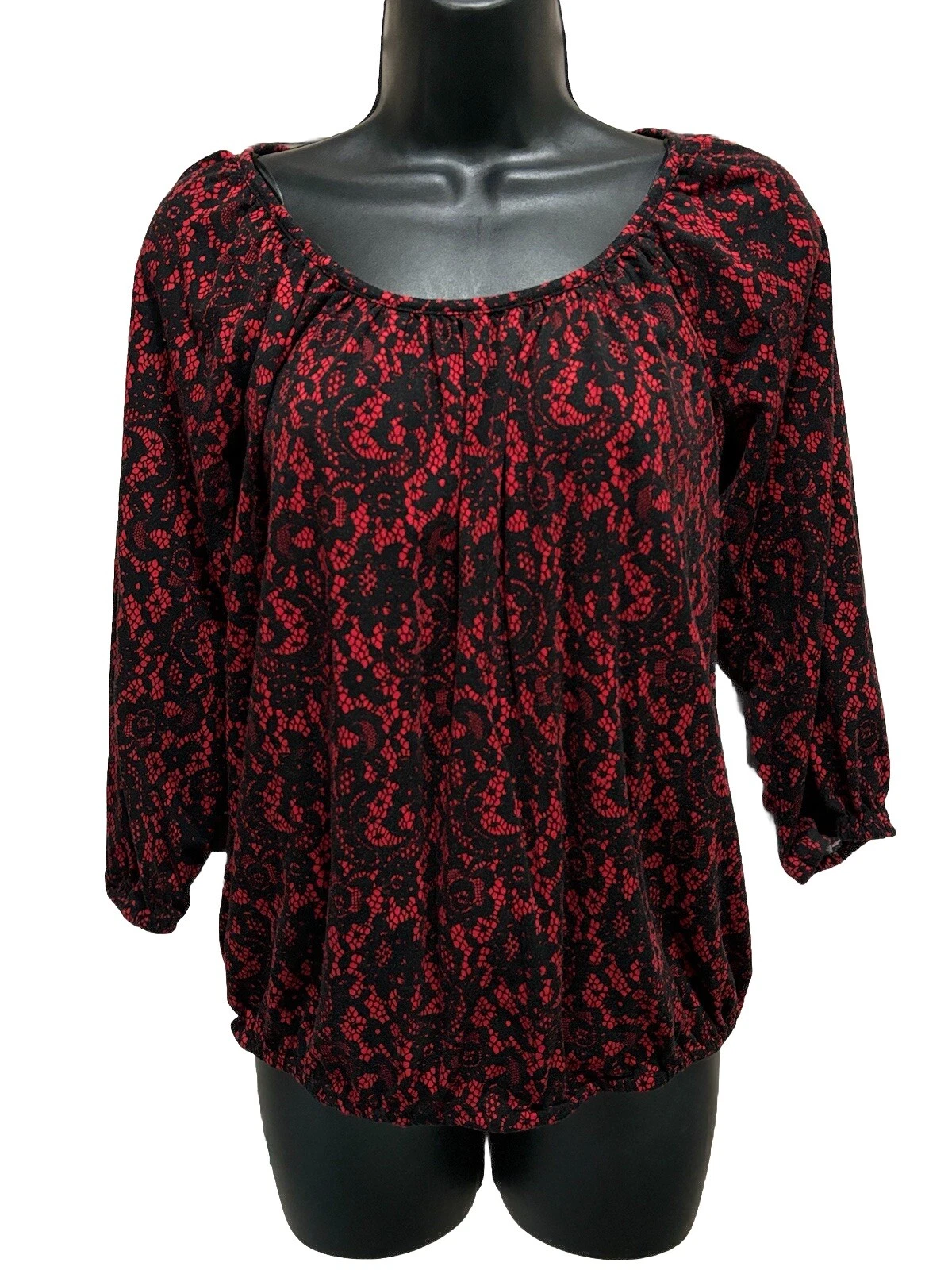 Camicetta Michael Kors rosso nero stampa pizzo manica 3 4 taglia S orlo elastico collo barca