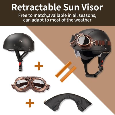 German Vintage Style Leather Motorcycle Half Helmet for Adults W/ Goggles & Mask | eBay German Vintage Style Leather Motorcycle Half Helmet for Adults W/ Goggles & Mask | eBay