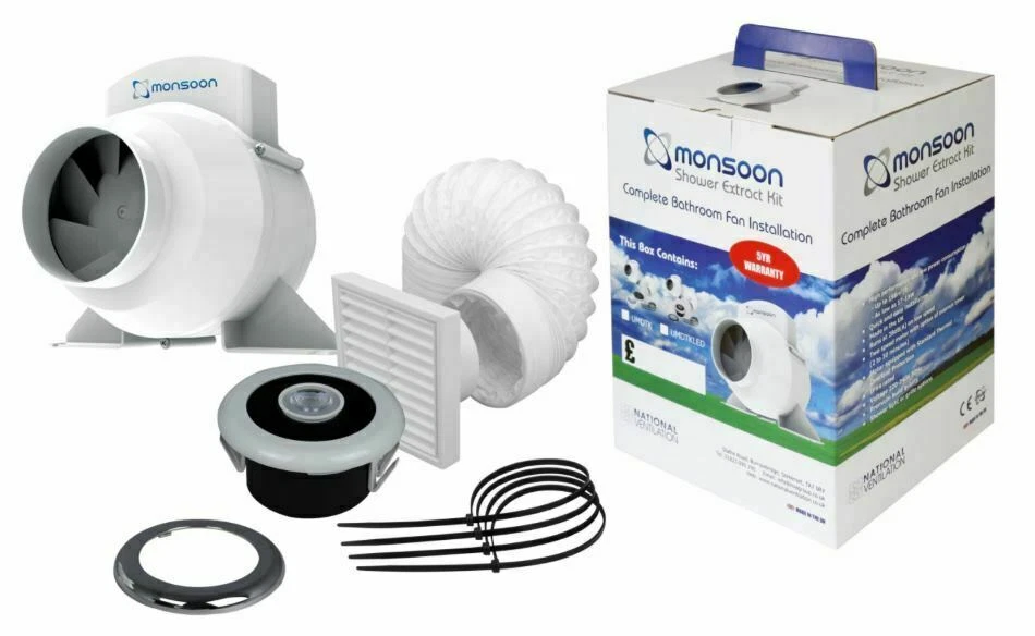MONSOON UMDTKLED 4" INLINE BATHROOM SHOWER EXTRACTOR FAN TIMER KIT LED LIGHT