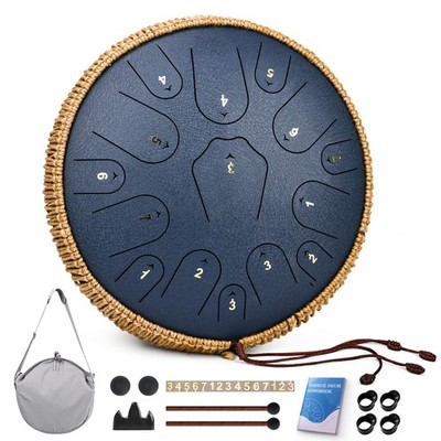 Steel Tongue Drum 14 Inch 15 Note Navy Blue Handpan C Major QingShi