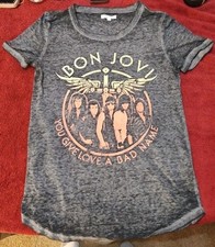 Bon Jovi T Shirt You Give Love A Bad Name Distressed Gray Retro 80's XS