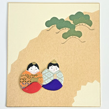 Vintage Japanese Hina Dolls Shikishi Fabric Art Wall Decor Japan Oshi-e