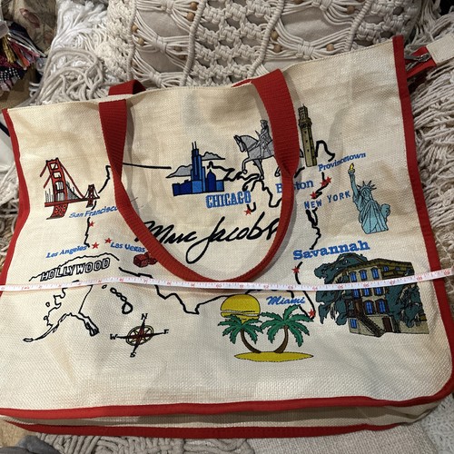 Marc Jacobs Woven Raffia Beach Tote Bag Embroidered XL USA Cities Handbag NEW - Picture 16 of 19