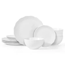 Porcelain Dinnerware Set,12 Pieces Radial Embossed Plates and Bowls Set, High 