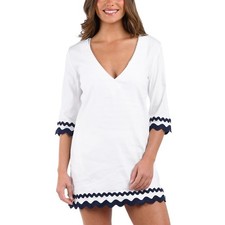 LA BLANCA Poolside V Neck Tunic Dress White Navy Trim Size Medium